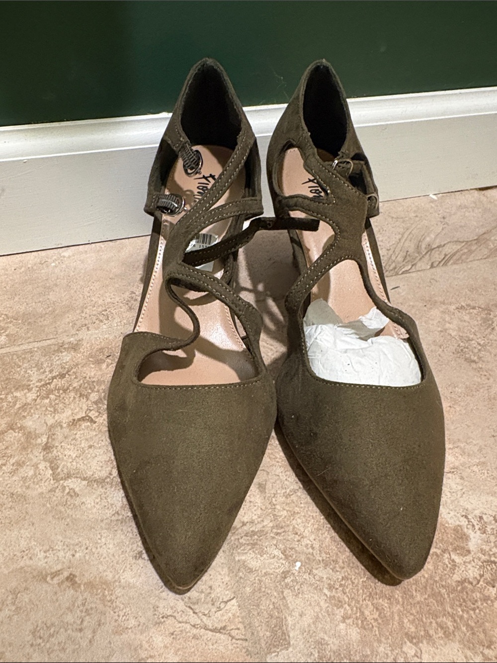 FIONI Clothing Olive Green Pointed-Toe Strappy Low Heel
